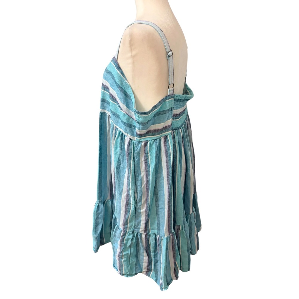 FarWest Striped Linen Blend Plus Size XXL Babydoll Mini Sun Dress Turquoise - Picture 4 of 8